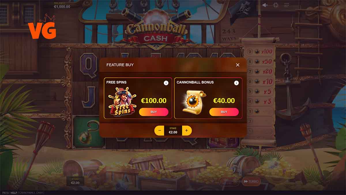 Cannonball Cash slot game by Red Tiger Gaming, feature buy